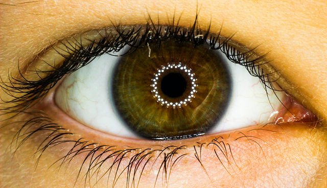 A dramatic, high-magnification close-up of a human eye. The iris is a mixed hazel or brown/green color.