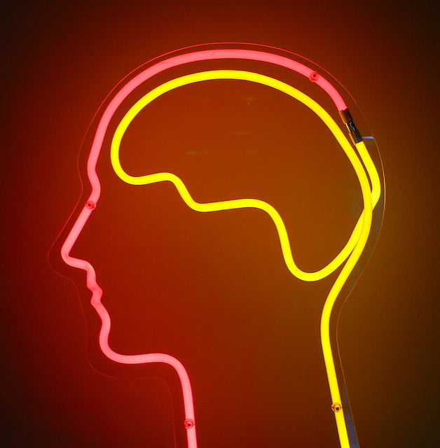 Neon sign artwork outlining a human head silhouette with a yellow neon tube forming the brain inside a pink neon outline.