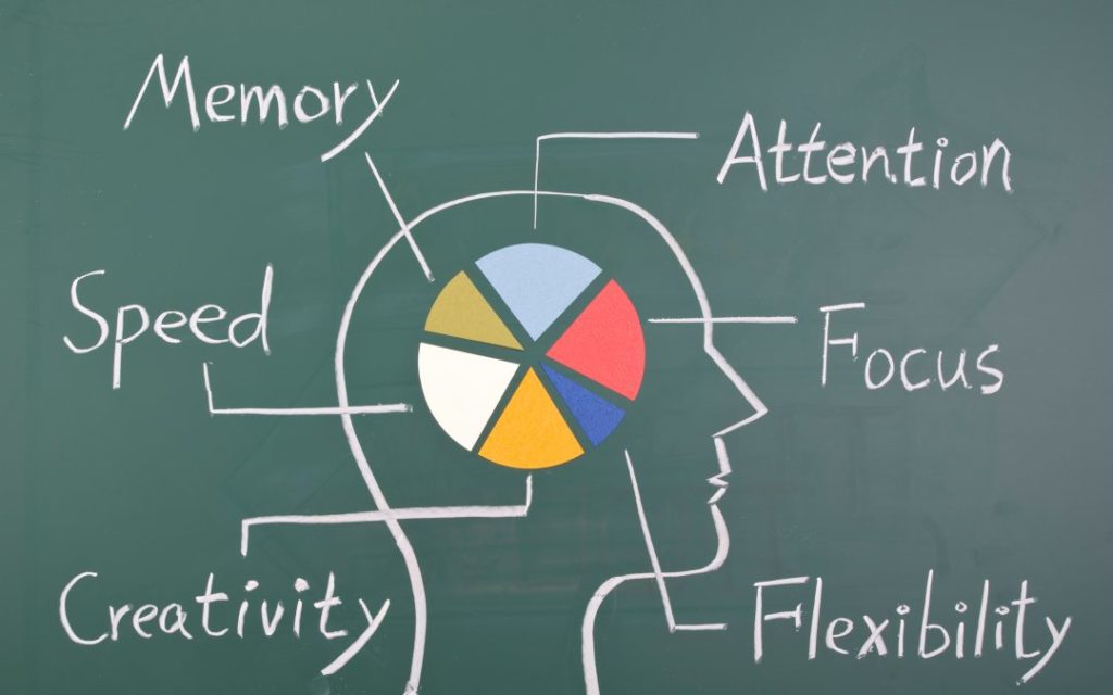 A graphic drawn on a green chalkboard shows the white outline of a human head in profile, containing a colorful, segmented pie chart inside