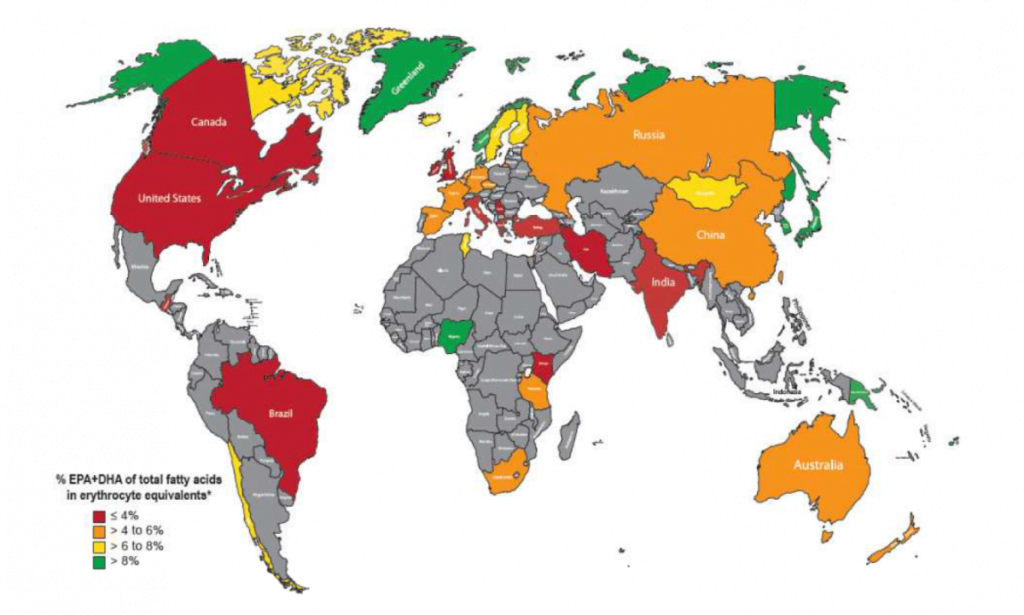 Alt text: A world map color-coded to show Omega-3 Index risk levels by country.