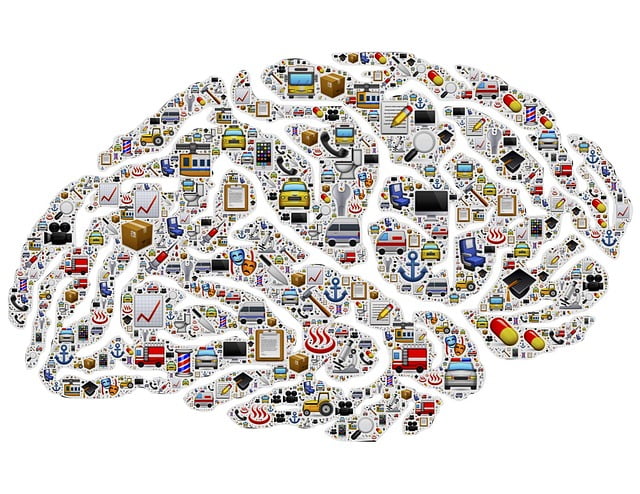 A human brain silhouette made up of hundreds of tiny icons representing various aspects of modern life, technology, and business.