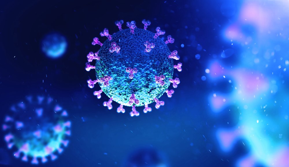 3D illustration of a virus particle with spike proteins, resembling a coronavirus, shown in blue and purple against a dark blue background.