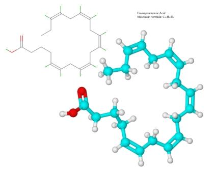 Molecular structure of Eicosapentaenoic Acid (EPA), an Omega-3 fatty acid, shown in skeletal and 3D ball-and-stick models with the formula $\text{C}_{20}\text{H}_{30}\text{O}_2$.
