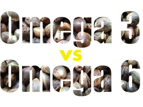 "Omega 3 vs Omega 6" in large, stylized text where the letters are filled with an image of various brown and tan seeds (likely hemp or cannabis seeds). The "VS" in the center is yellow.