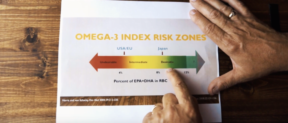 A person's hands are pointing at a printed Omega-3 Index Risk Zones chart on a piece of paper lying on a wooden table.