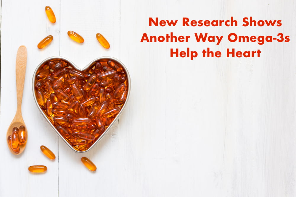 Heart-shaped container filled with omega-3 capsules next to a wooden spoon and scattered capsules on a white wooden surface, with the text "New Research Shows Another Way Omega-3s Help the Heart" in red on the right side.